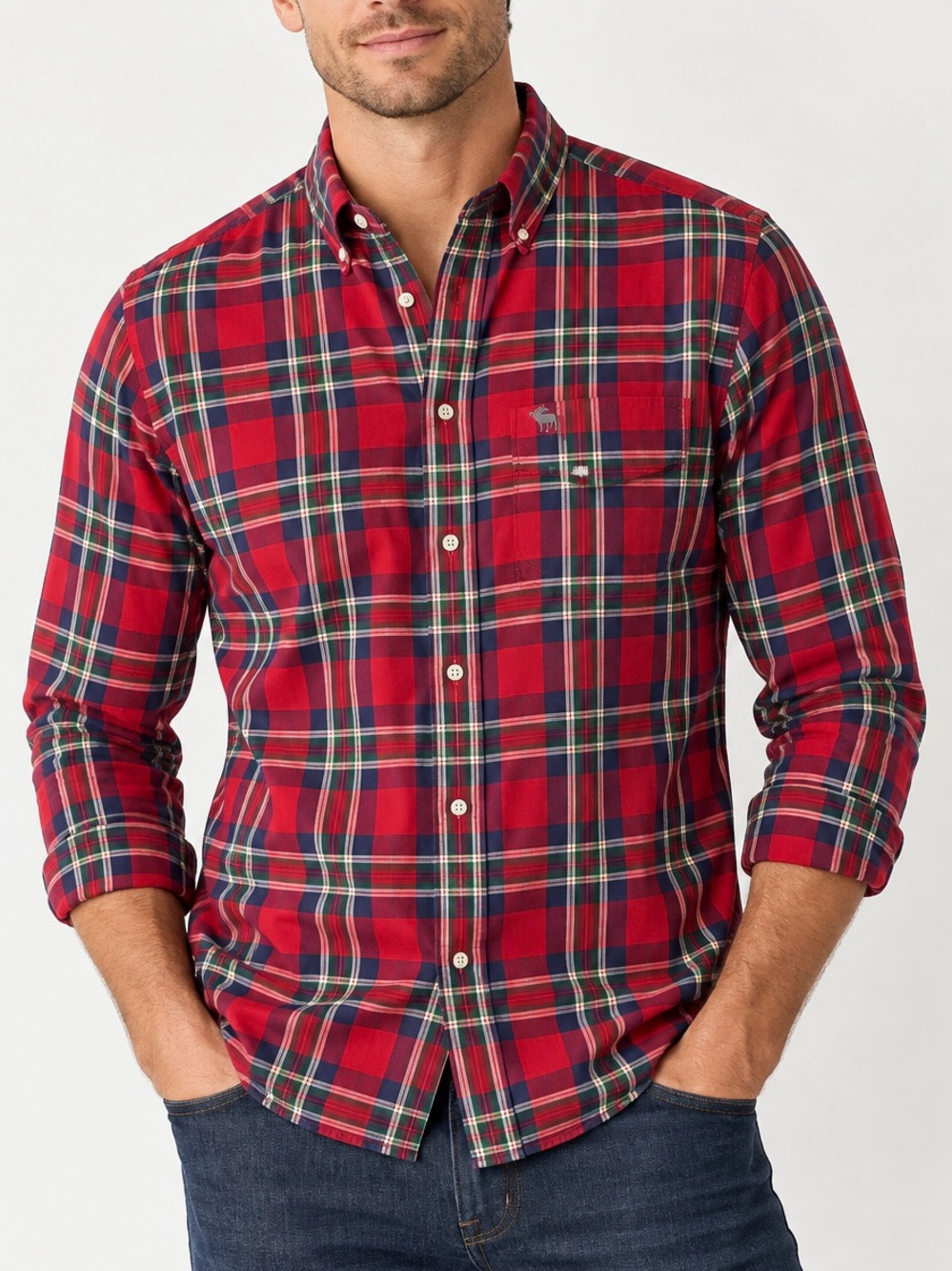 Abercrombie & Fitch Muscle Fit Red Tartan Plaid Cotton Button Down Shirt XXL